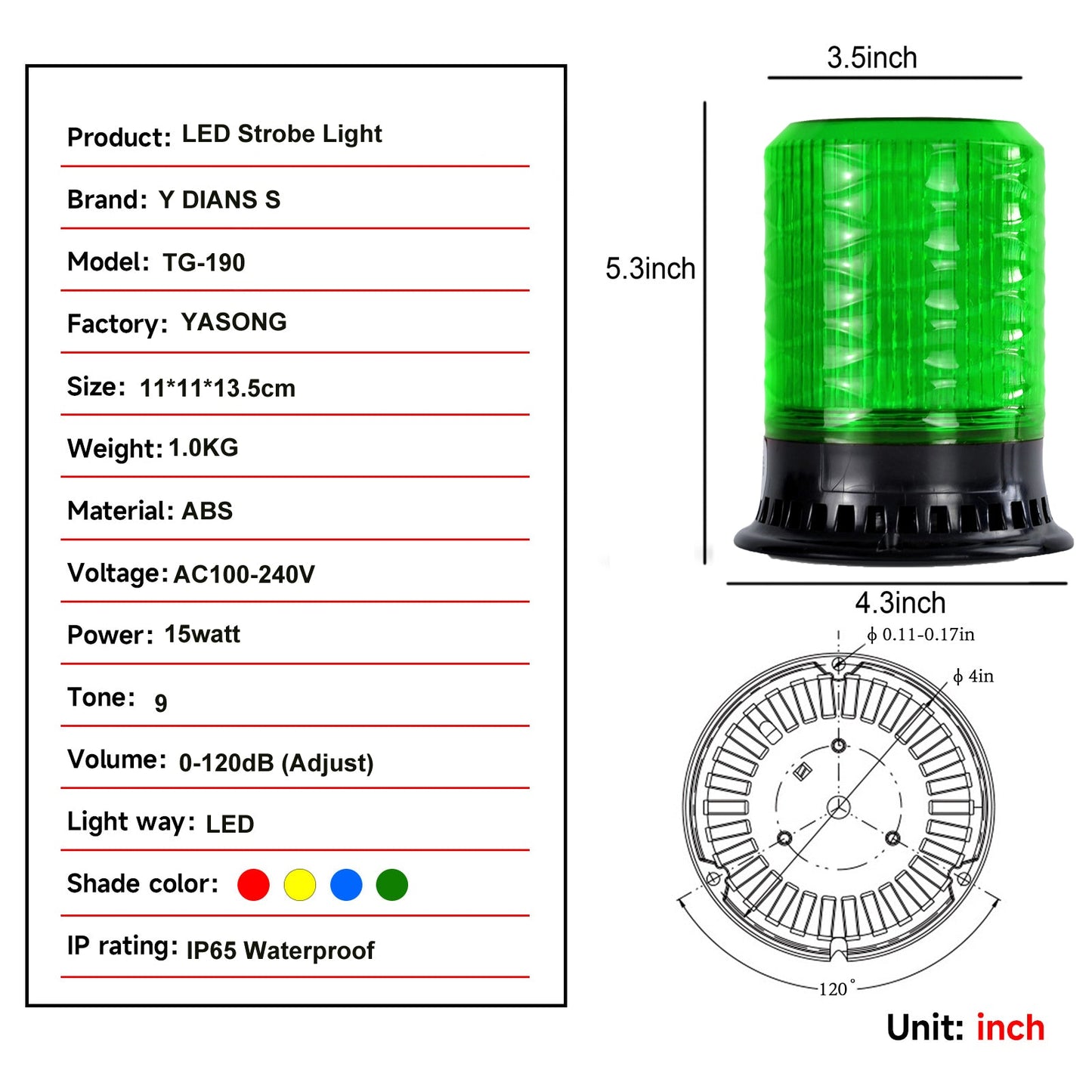 YASONG Beacon Strobe Light 4 Flashing Mode 120dB Horn 9 Tones LED Emergency Lights with Magnet Base for Vehicles, Truck, Car and Workshop AC100V-AC240V