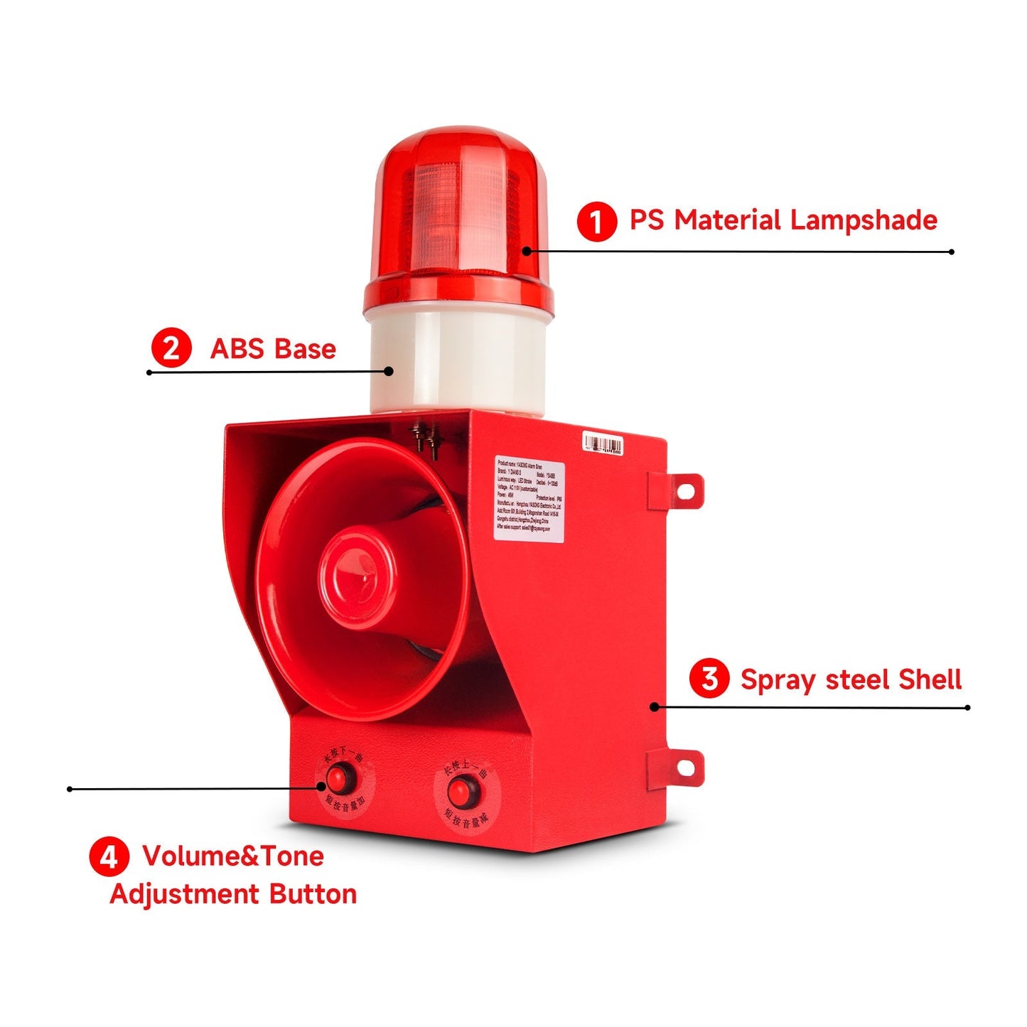 YASONG Security Outdoor ALarm Siren Loud 130dB IP65 Waterproof Adjustable Sound Alarm System with Timer Emergency Siren Strobe Light SLA-05B1
