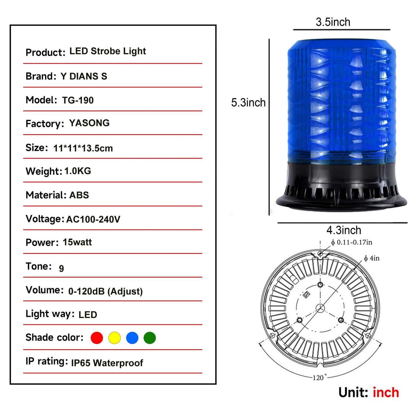 YASONG Beacon Strobe Light 4 Flashing Mode 120dB Horn 9 Tones LED Emergency Lights with Magnet Base for Vehicles, Truck, Car and Workshop AC100V-AC240V
