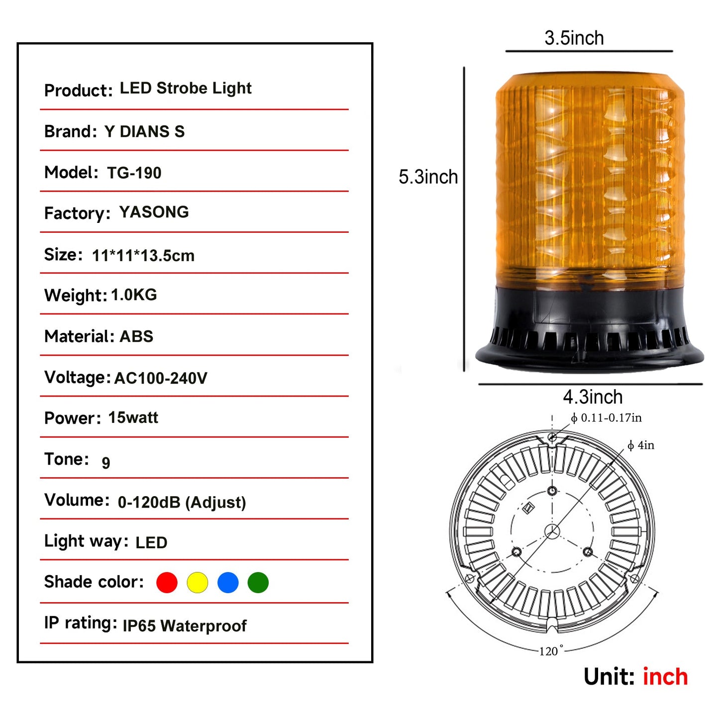 YASONG Beacon Strobe Light 4 Flashing Mode 120dB Horn 9 Tones LED Emergency Lights with Magnet Base for Vehicles, Truck, Car and Workshop AC100V-AC240V