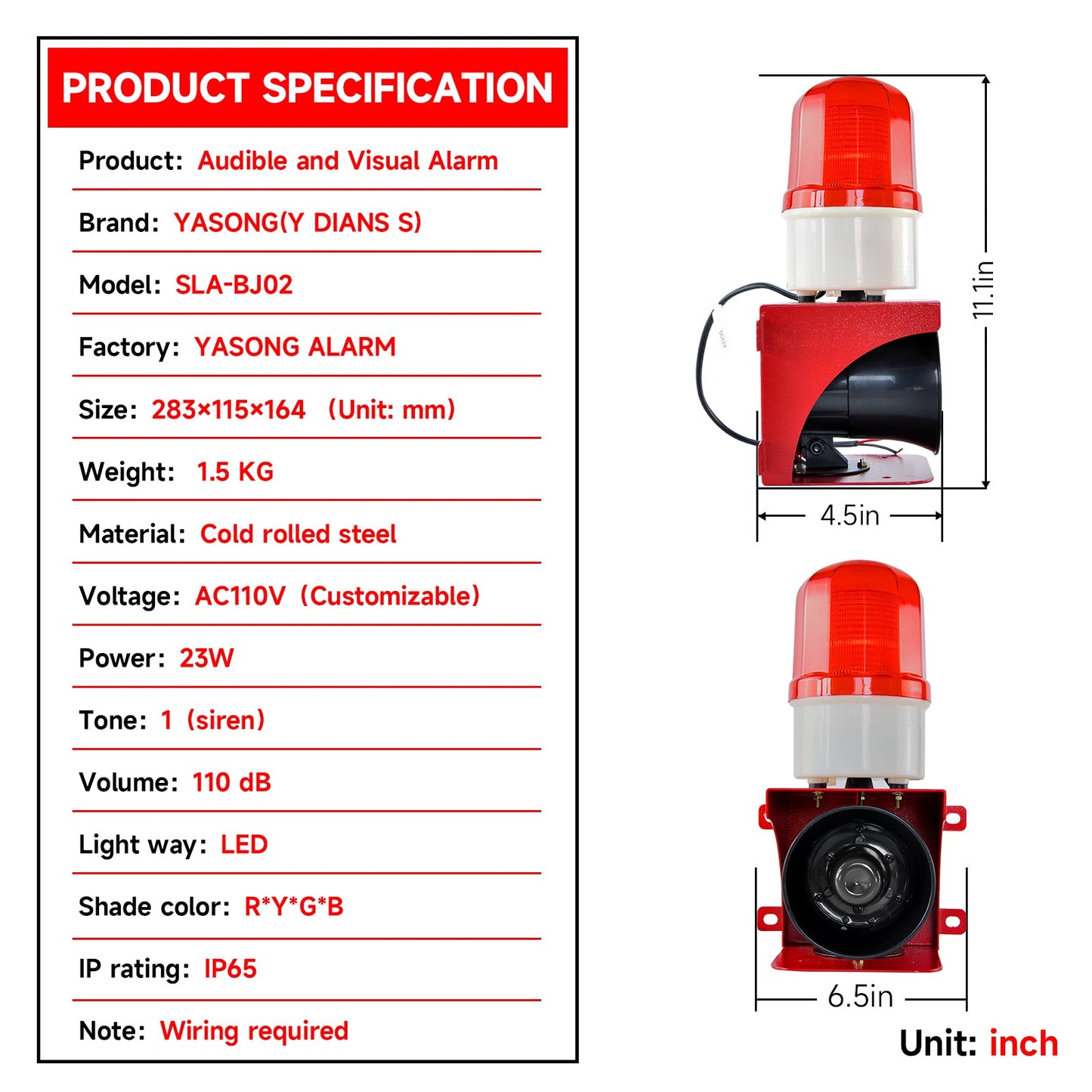 YASONGIndustrial Alarm Siren, LED Strobe Warning Light 110dB Bell Power 23W DC12V SLA-BJ02