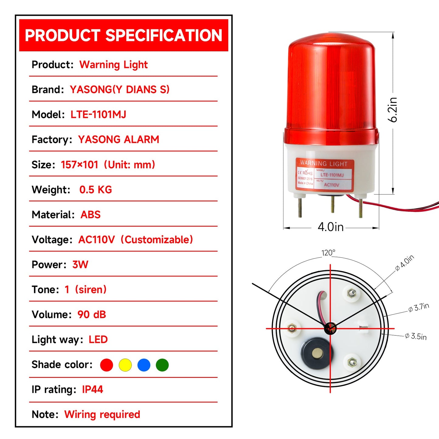 YASONG Industrial Strobe Light Revolving LED Beacon Warning Lights with Sound or No Sound SLA-1101MJ