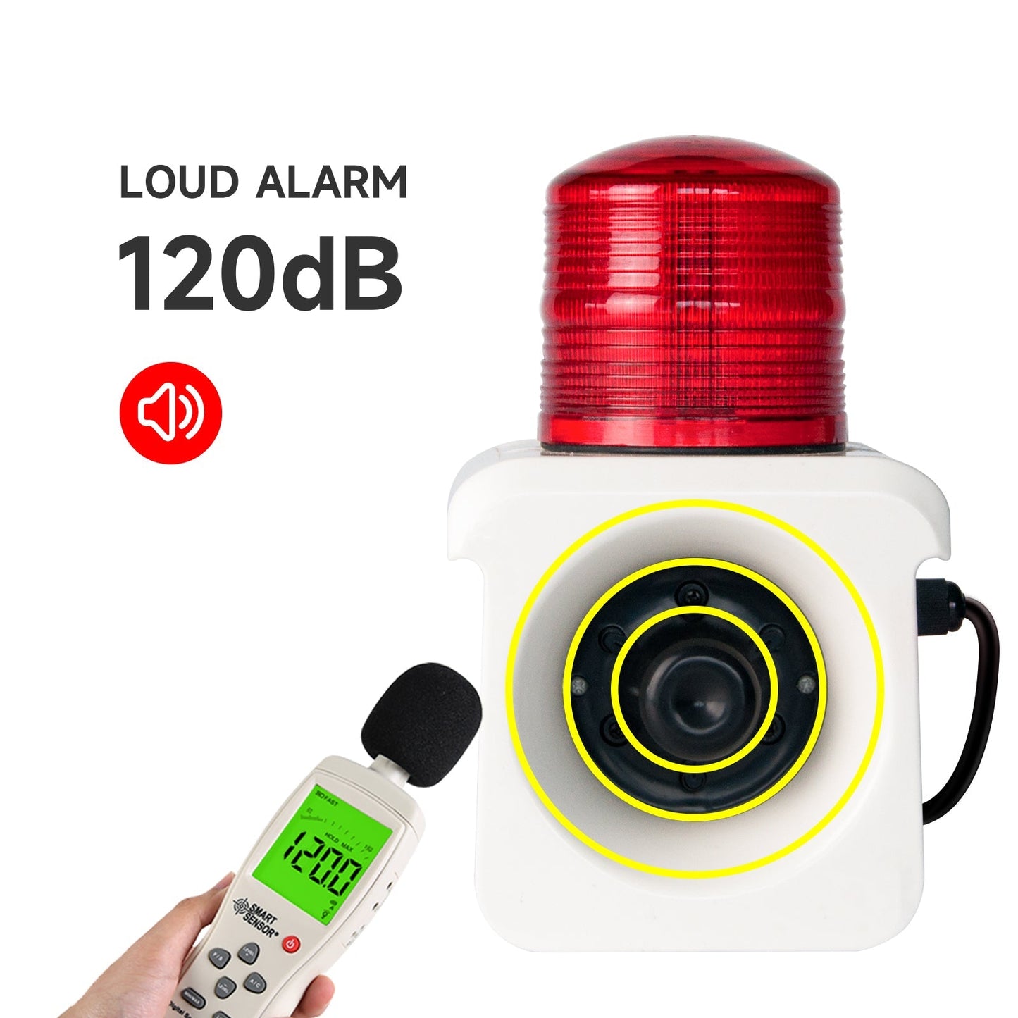 YASONG Motion Sensor Alarm Siren 120dB Loudspeaker Adjustable Sound and Tone Waterproof LED Sirens Motion Detector Tirgger Alarm Systerm for Warehouse, Parking lots and School SLA-800W