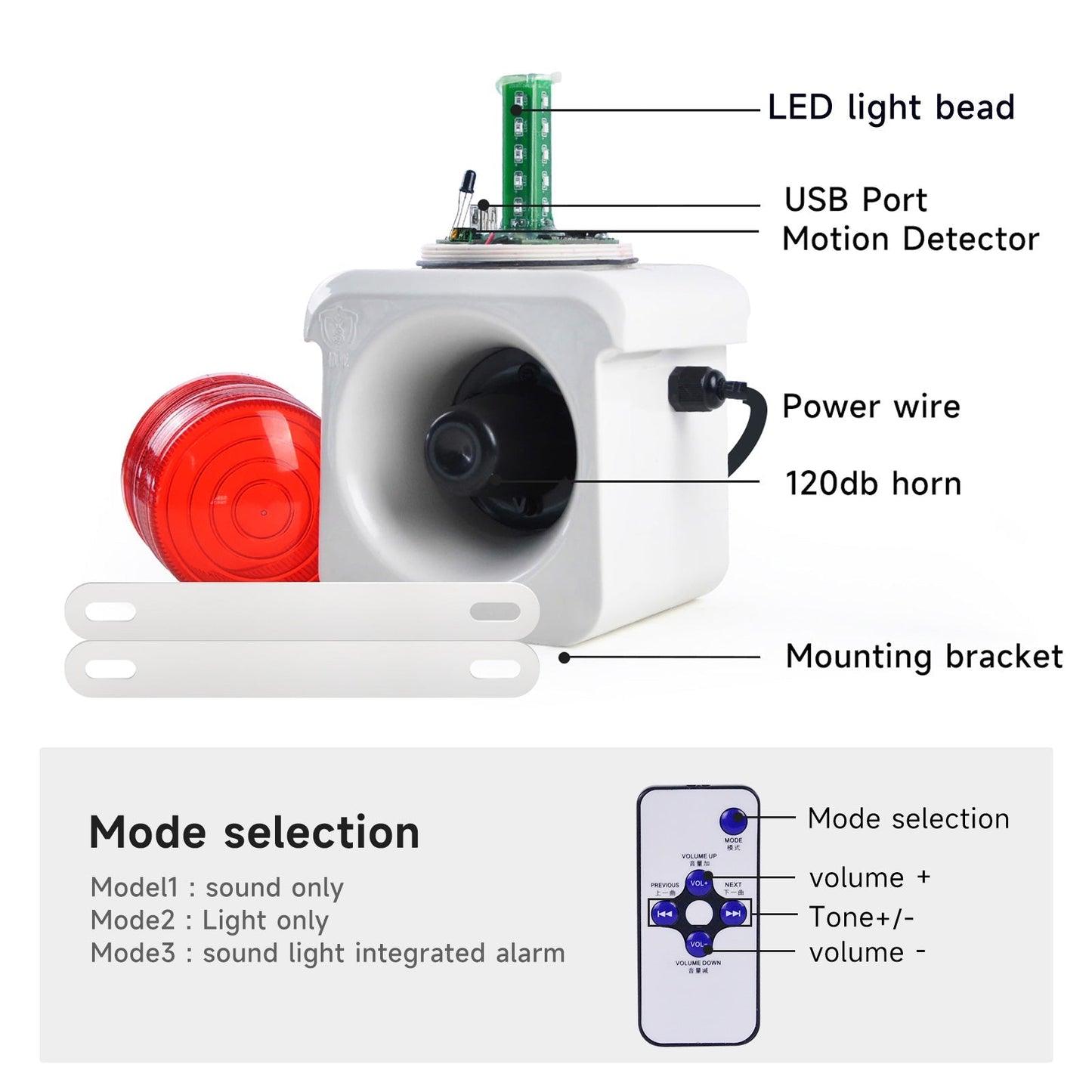 YASONG Motion Sensor Alarm Siren 120dB Loudspeaker Adjustable Sound and Tone Waterproof LED Sirens Motion Detector Tirgger Alarm Systerm for Warehouse, Parking lots and School SLA-800W