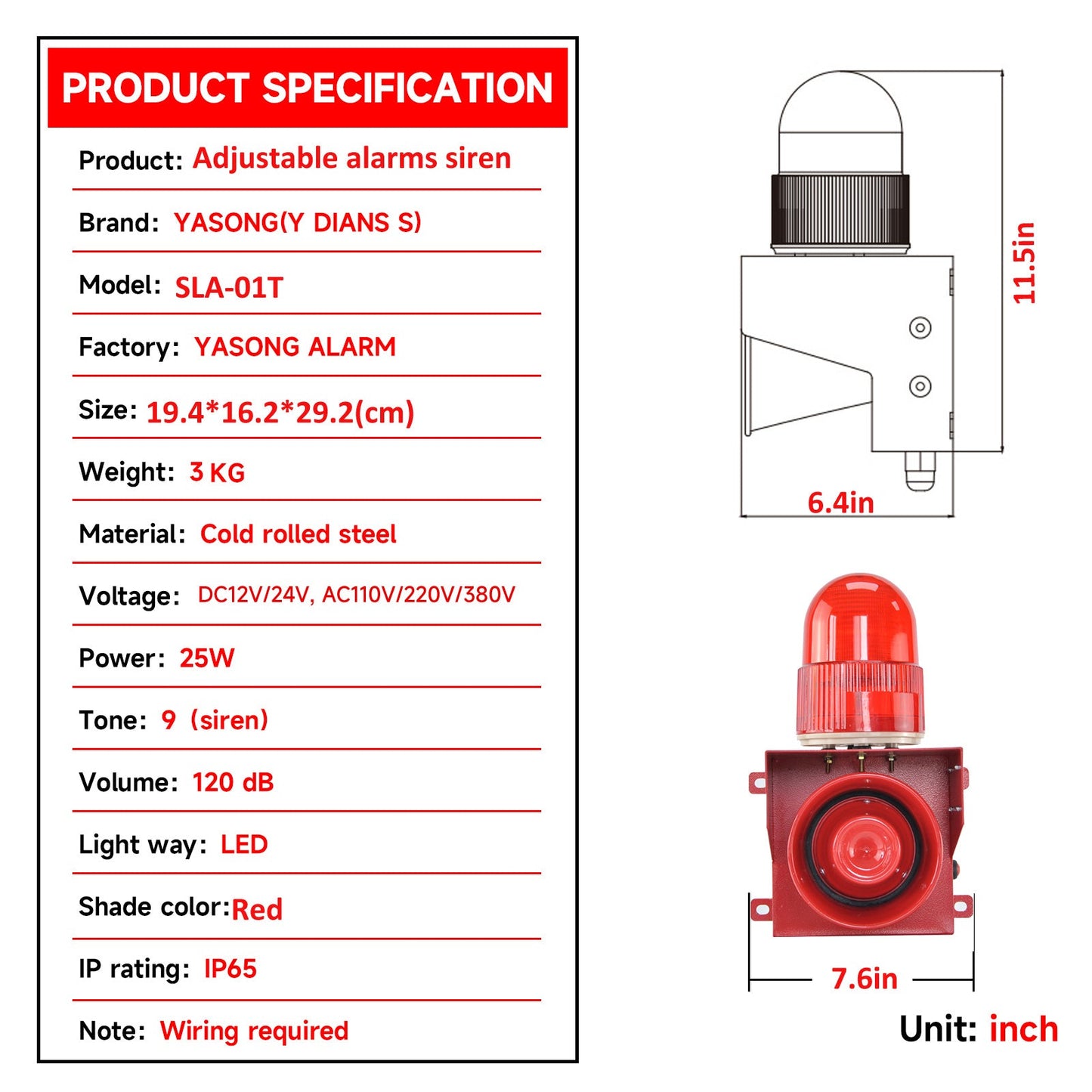 YASONG Outdoor Alarm Siren with Button Control Box Adjust 0-120dB Loud Horn 12 tones Emergency Security Siren with LED Strobe Light for Farm School Factory Mall Warehouse SLA-01TZ