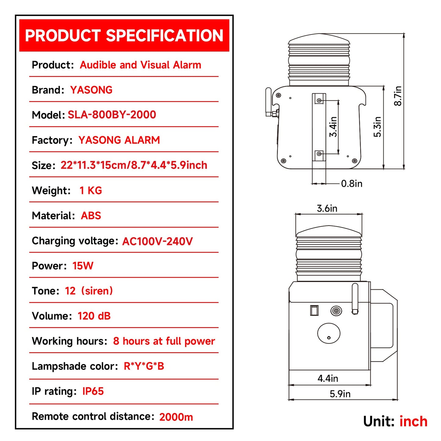 YASONG Portable Rechargeable Wireless Remote Control Alarm Siren 2km(1.24mi) Remote Distance Waterproof 120dB Siren with Adjust Volume and Tone, Lithium Battery SLA-800BY