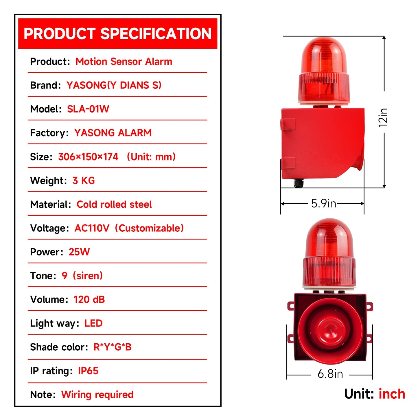 YASONG SLA-01W Motion Sensor & Detector Alarm Siren Waterproof LED Strobe Warning Light Siren with 120dB Horn Power 25W for Factories, Warehouses and Docks