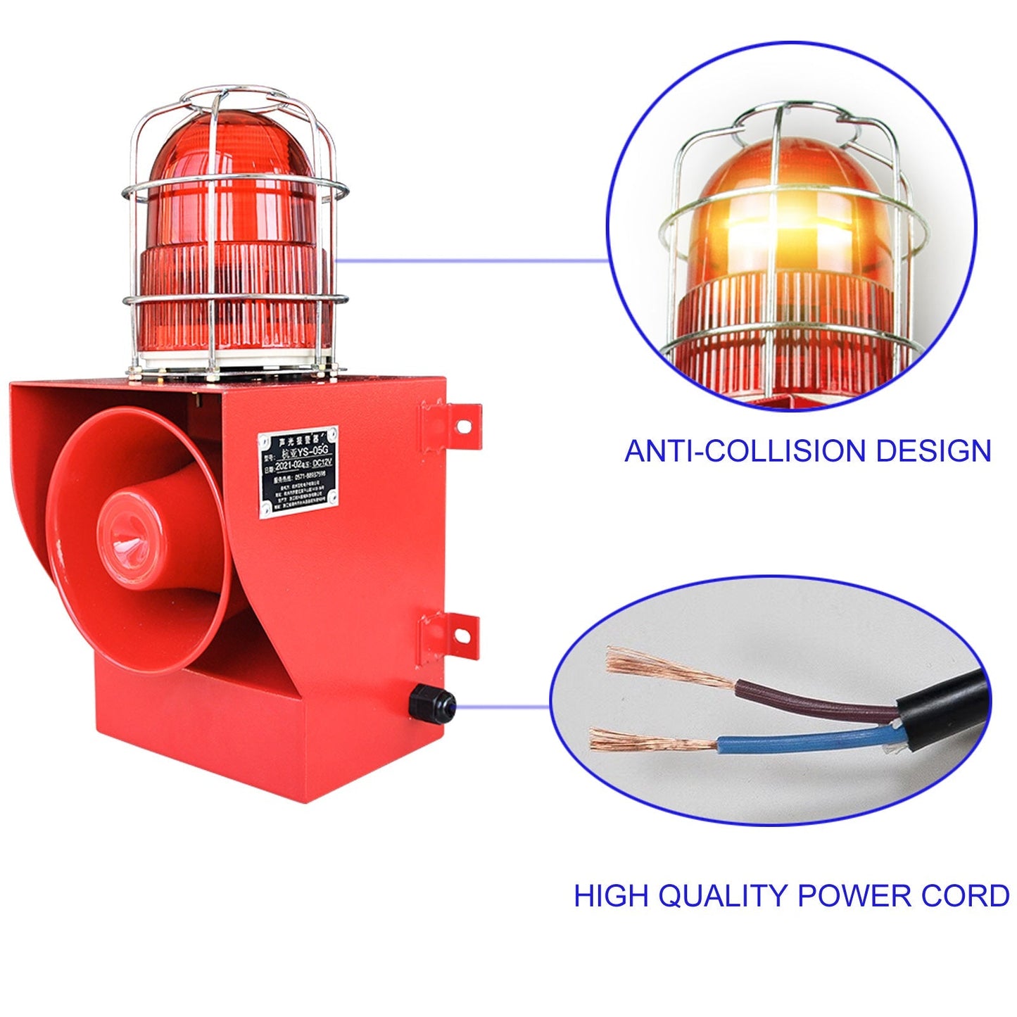YASONG Outdoor Alarm Siren IP66 Waterproof Anti -collision 130dB Horn Security Siren with Strobe Light for Ports, Docks, Factories, Schools, Homes SLA-05G
