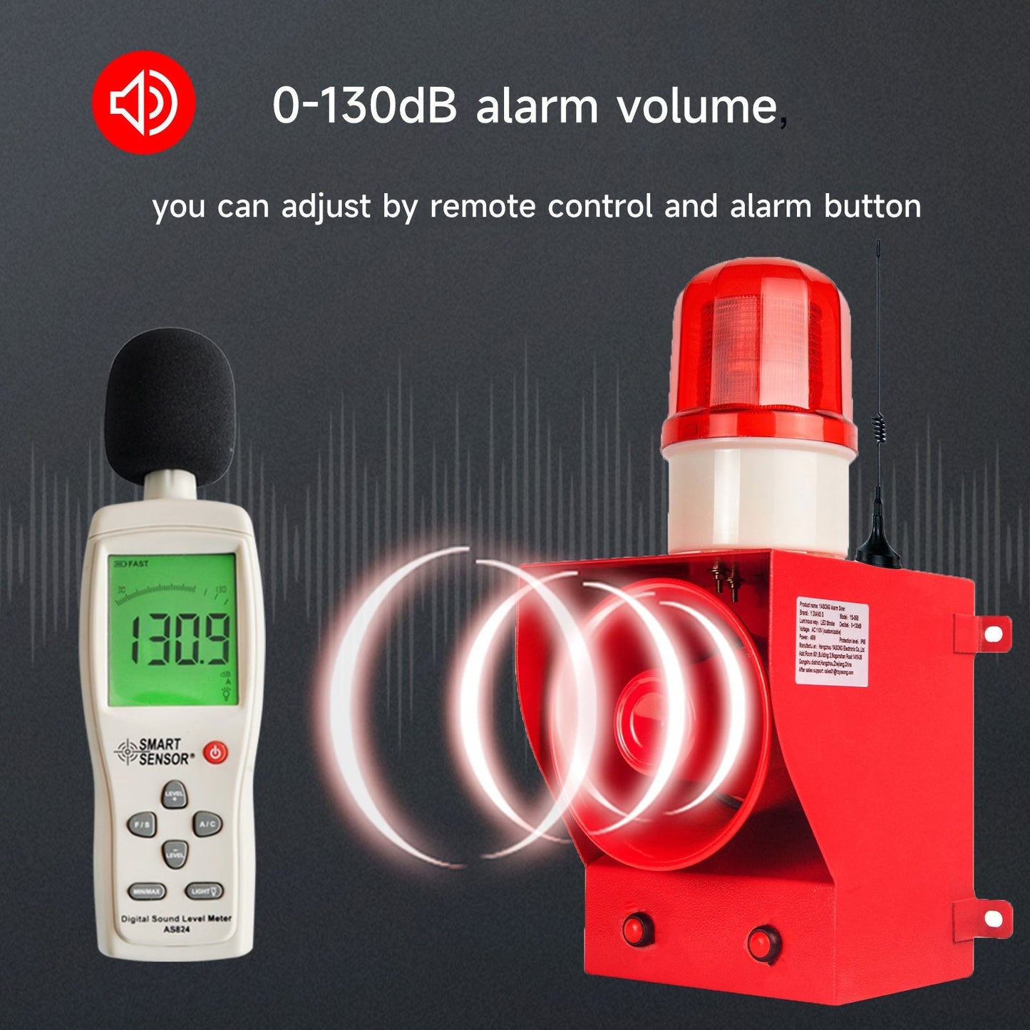 YASONG 0.3mile/500m Wireless Remote Control Alarm Siren with Multiple Remote Controls 130dB Volume 9 Tones Adjustable 45w Alarm Systerm Strobe Sirens AC100-120V SLA-05BY-500