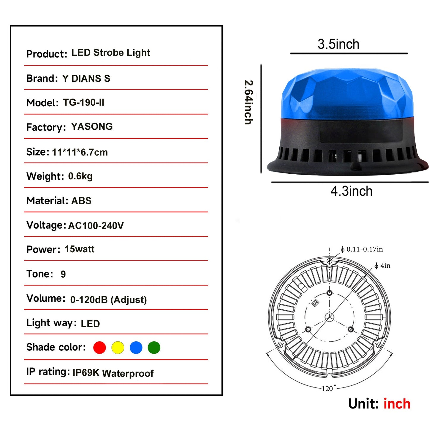 YASONG Beacon Strobe Lights Waterproof LED Siren Warning Light 120dB Loud horn 9 Tones 2 Flashing Mode Magnetic Base for Vehicles Trucks Forklift Workshop Emergency AC100-240V