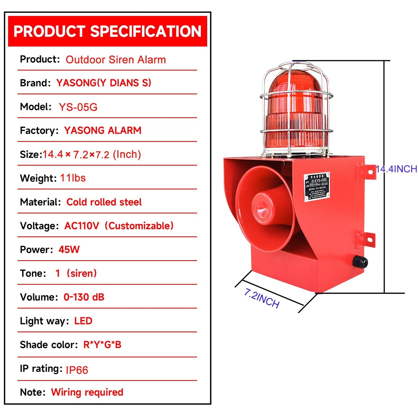 YASONG Outdoor Alarm Siren IP66 Waterproof Anti -collision 130dB Horn Security Siren with Strobe Light for Ports, Docks, Factories, Schools, Homes SLA-05G