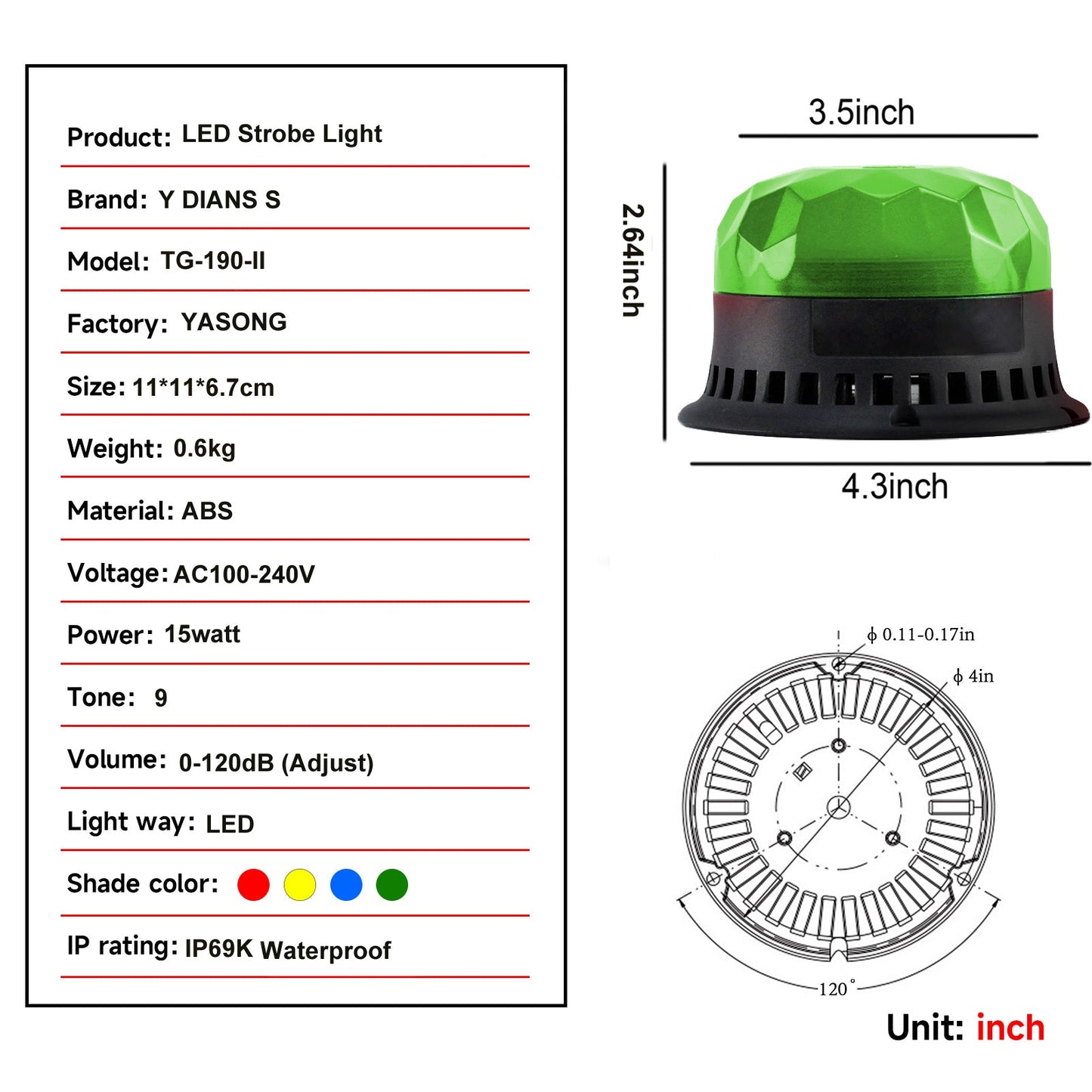 YASONG Beacon Strobe Lights Waterproof LED Siren Warning Light 120dB Loud horn 9 Tones 2 Flashing Mode Magnetic Base for Vehicles Trucks Forklift Workshop Emergency AC100-240V