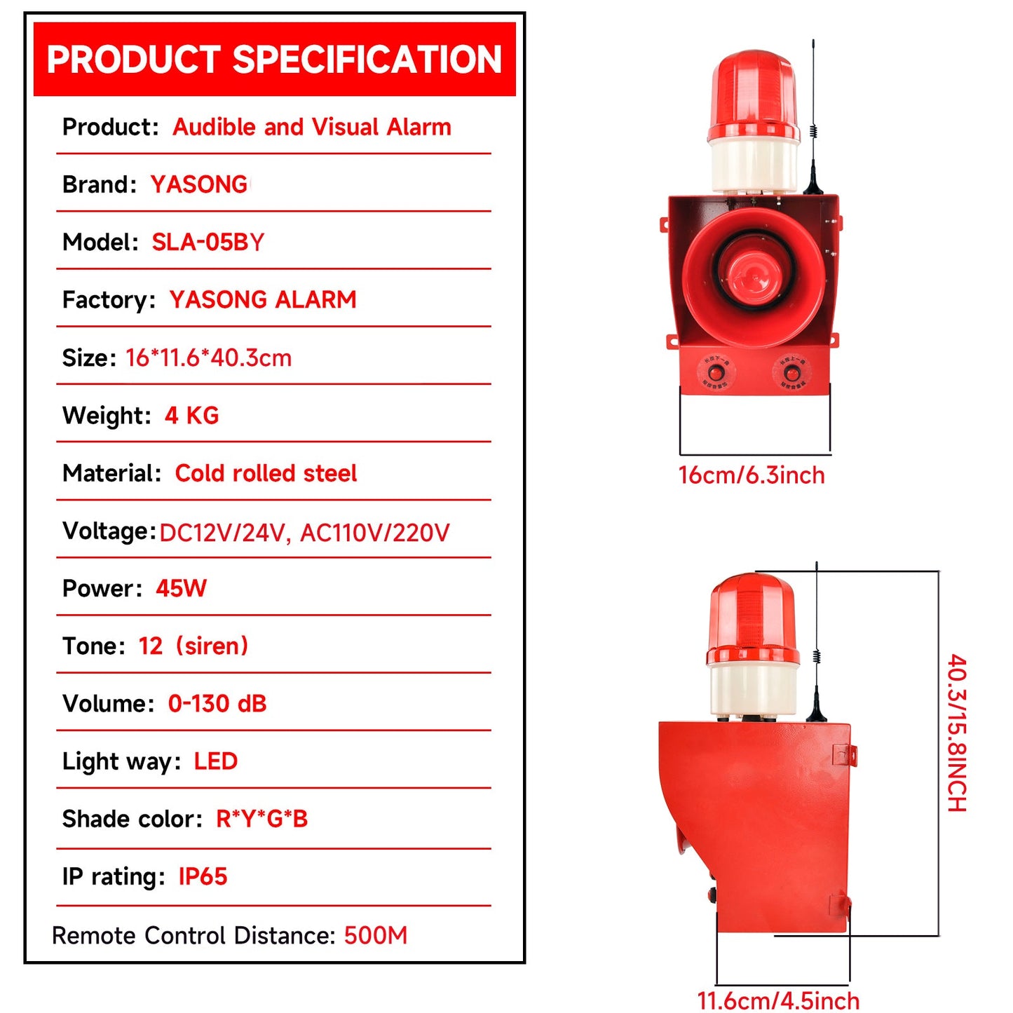 YASONG 1.24mile/2000m Wireless Remote Control Alarm Siren with Multiple Remote Controls 130dB Volume 9 Tones Adjustable 45w Alarm Systerm Strobe Sirens AC100-120V SLA-05BY-2000