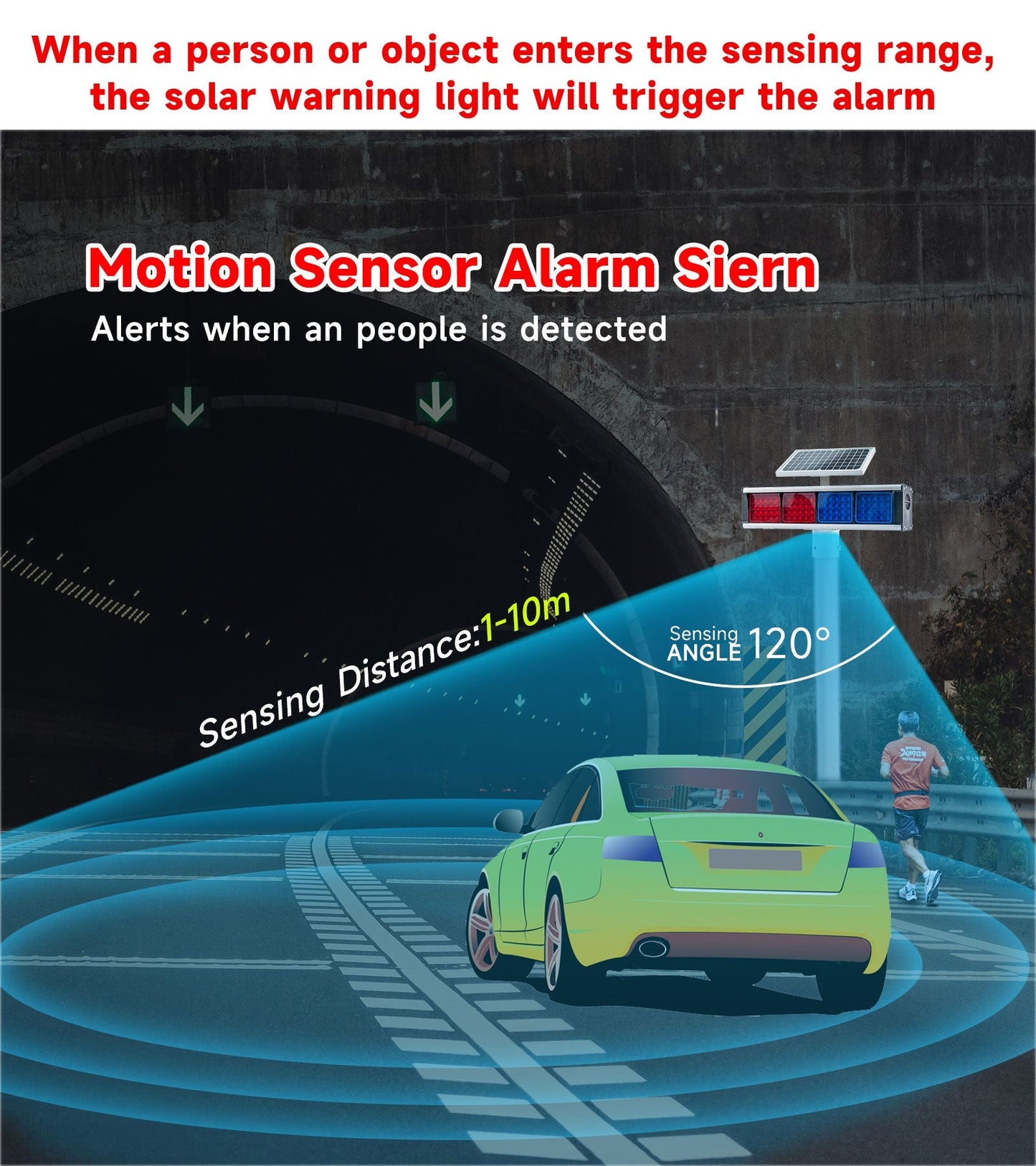 YASONG Solar Motion Detection Strobe Light Warning Light IP65 Waterproof 120dB LED Red and Blue Double-sided Flashing Lights Motion Sensor Alarm Siren for Traffic, Road Construction, Farm, Yard