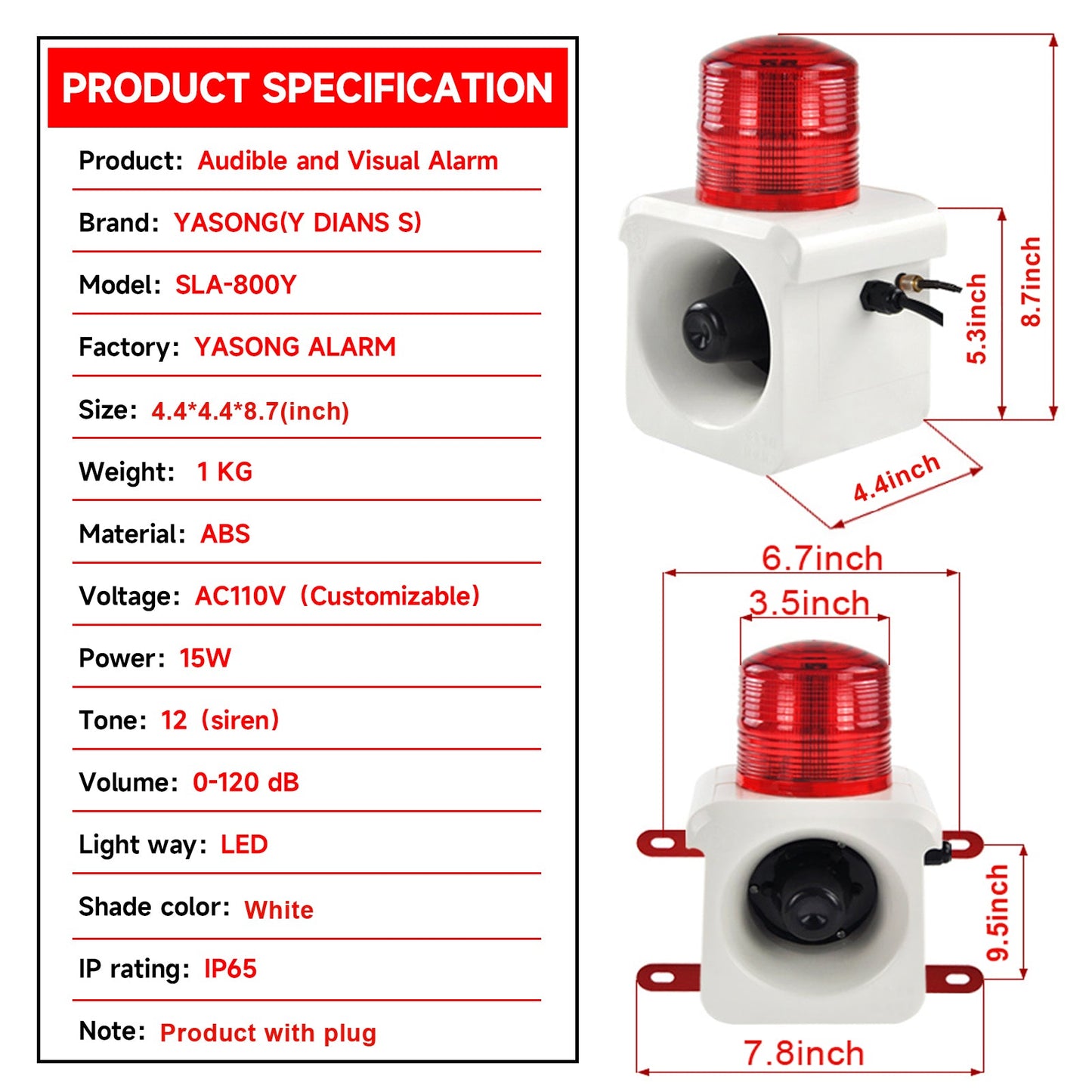 YASONG 2000m/1.24mile Wireless Remote Control Siren Alarm LED Strobe Warning Light 120dB Horn Power 15W One Remote Controls Multiple Sirens for Loss Prevetion, Warehouse, Factories SLA-800Y