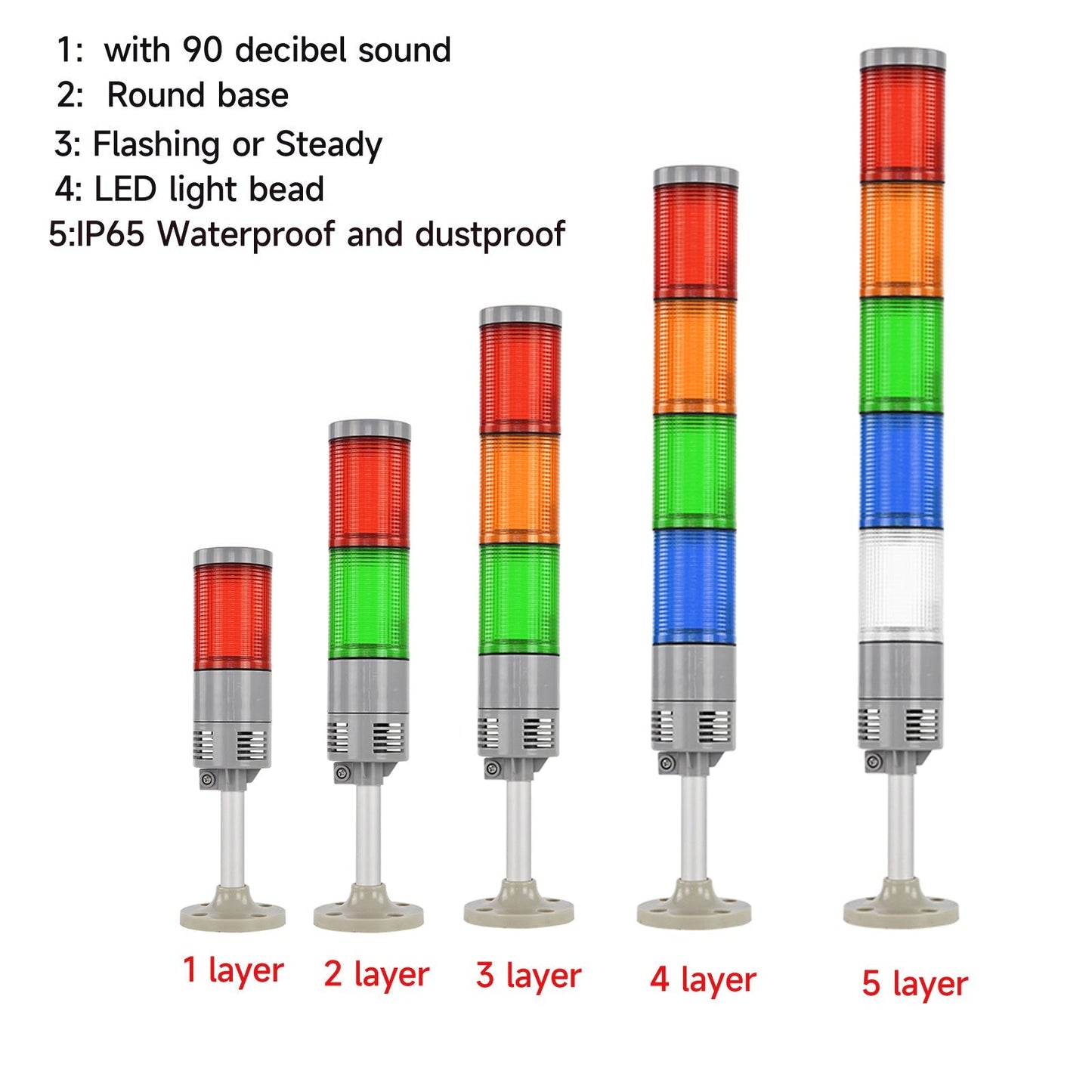 YASONG Tower Light IP65 Waterproof Multilayers Stack Warning Lights with Sound, 4 Types of Base, Flashing Light For Machine LTA-052WJ