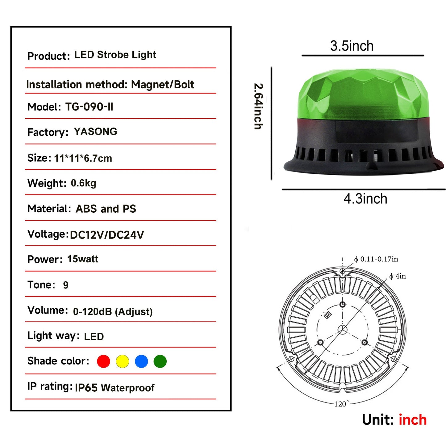 YASONG LED Beacon Light 120dB 9 Tones 2 Flashing Modes Strobe Lights for Vehicles, Truck, Forklift, Workshop Emergency SLA-090-II