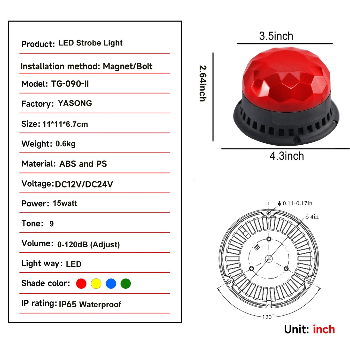 YASONG LED Beacon Light 120dB 9 Tones 2 Flashing Modes Strobe Lights for Vehicles, Truck, Forklift, Workshop Emergency SLA-090-II