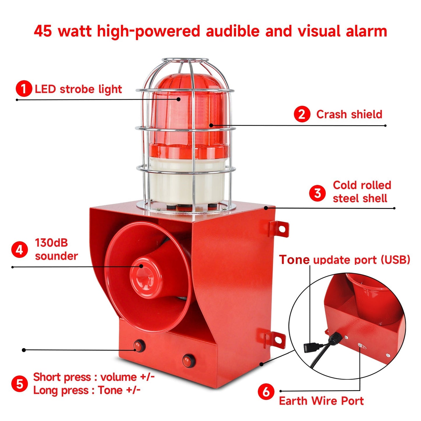 YASONG Alarm Siren with Metal Anti-Collision Mesh Cover, 130dB Loud Horn 12 Tones Switchable, IP65 Waterproof 45W LED Strobe Light for Factories, Port, Terminal and Security home Alarm