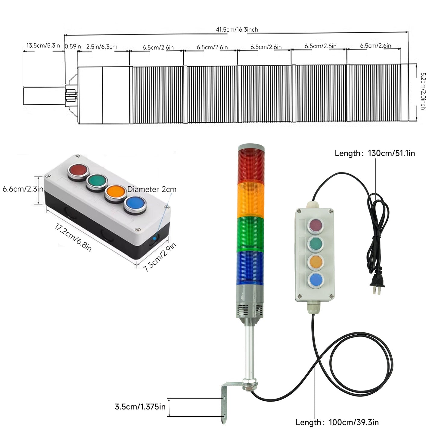 YASONG 4 Stack Super Bright LED Industrial Signal Tower Light Andon Lights with No Sound，Off-ON, or Flash, for Industrial, Warehouse, Indoor