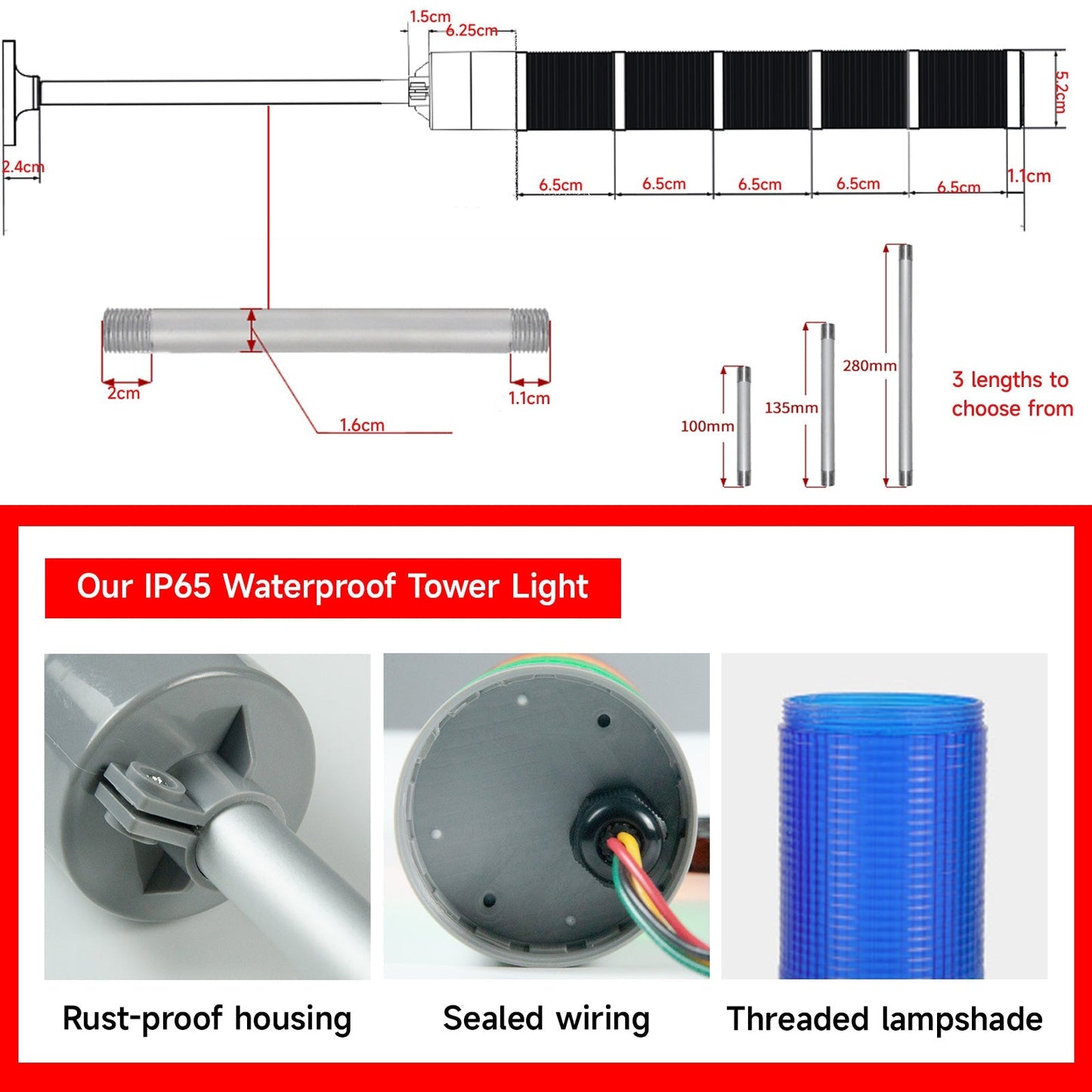 YASONG Tower Light IP65 Waterproof Multilayers Stack Warning Lights with No Sound, Steady Light, 4 Types of Base For Machine LTA-052T