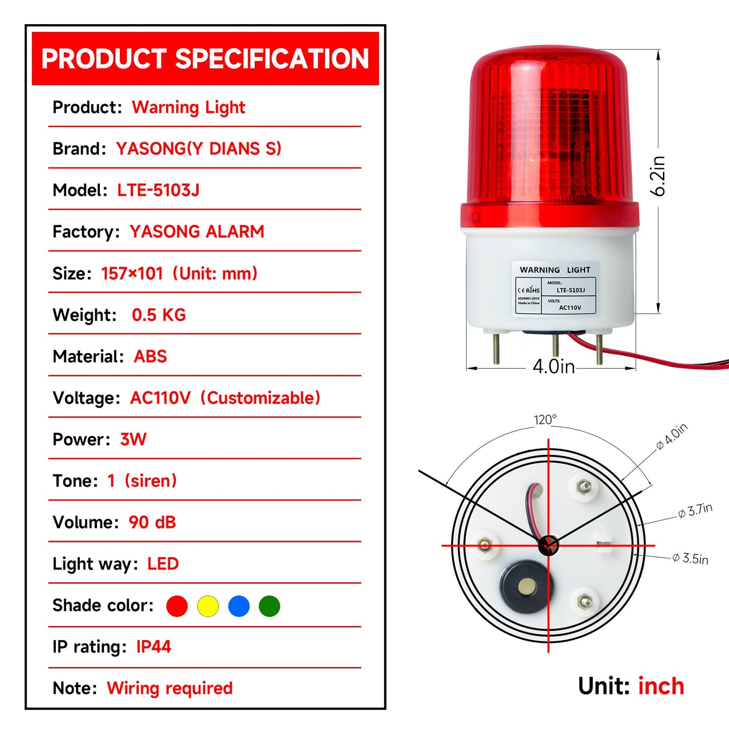 YASONG LED Strobe Light Industrial Warning Beacon Light with 90dB Loud Buzzer Security Flashing Light LTE-5103J