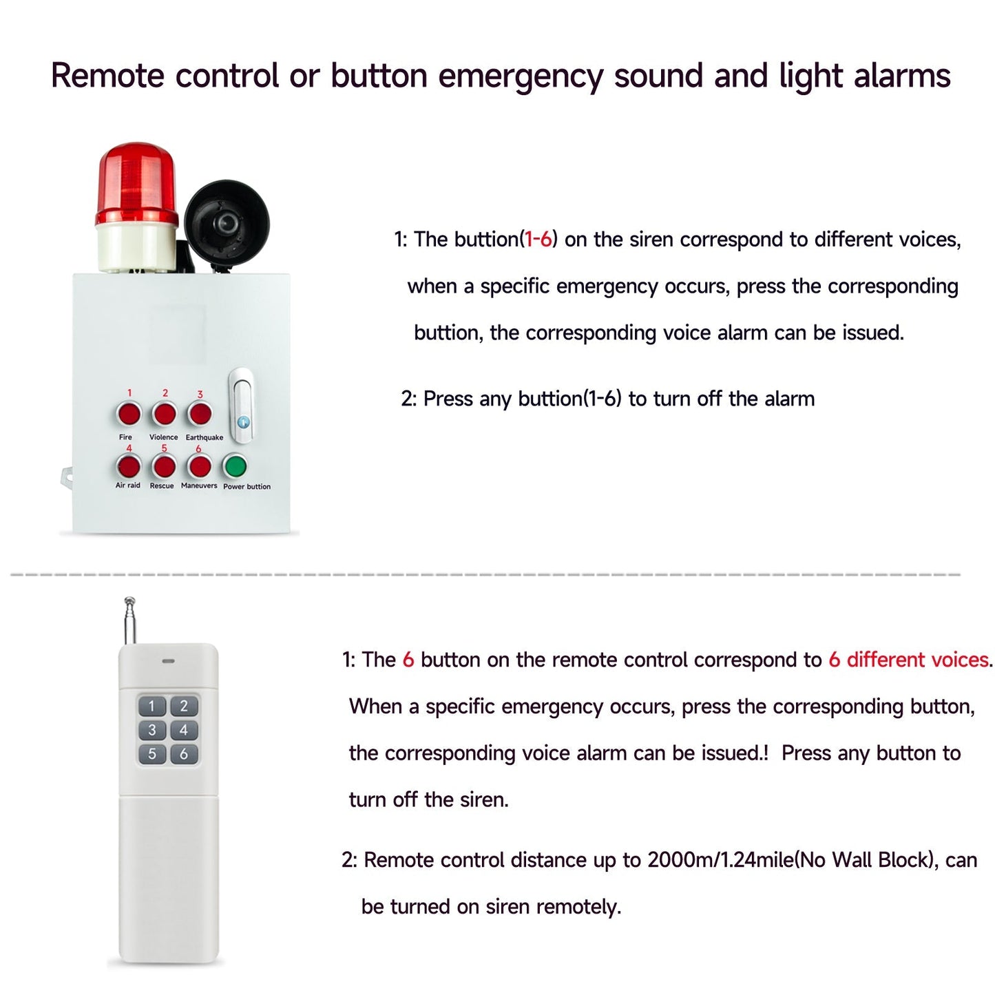 YASONG Wireless Emergency Alert Alarm Siren 2000m Remote Control Fire Air Raid Earthquake Security Siren with 120dB Loud Horn 6 different tones SLA-YJ02