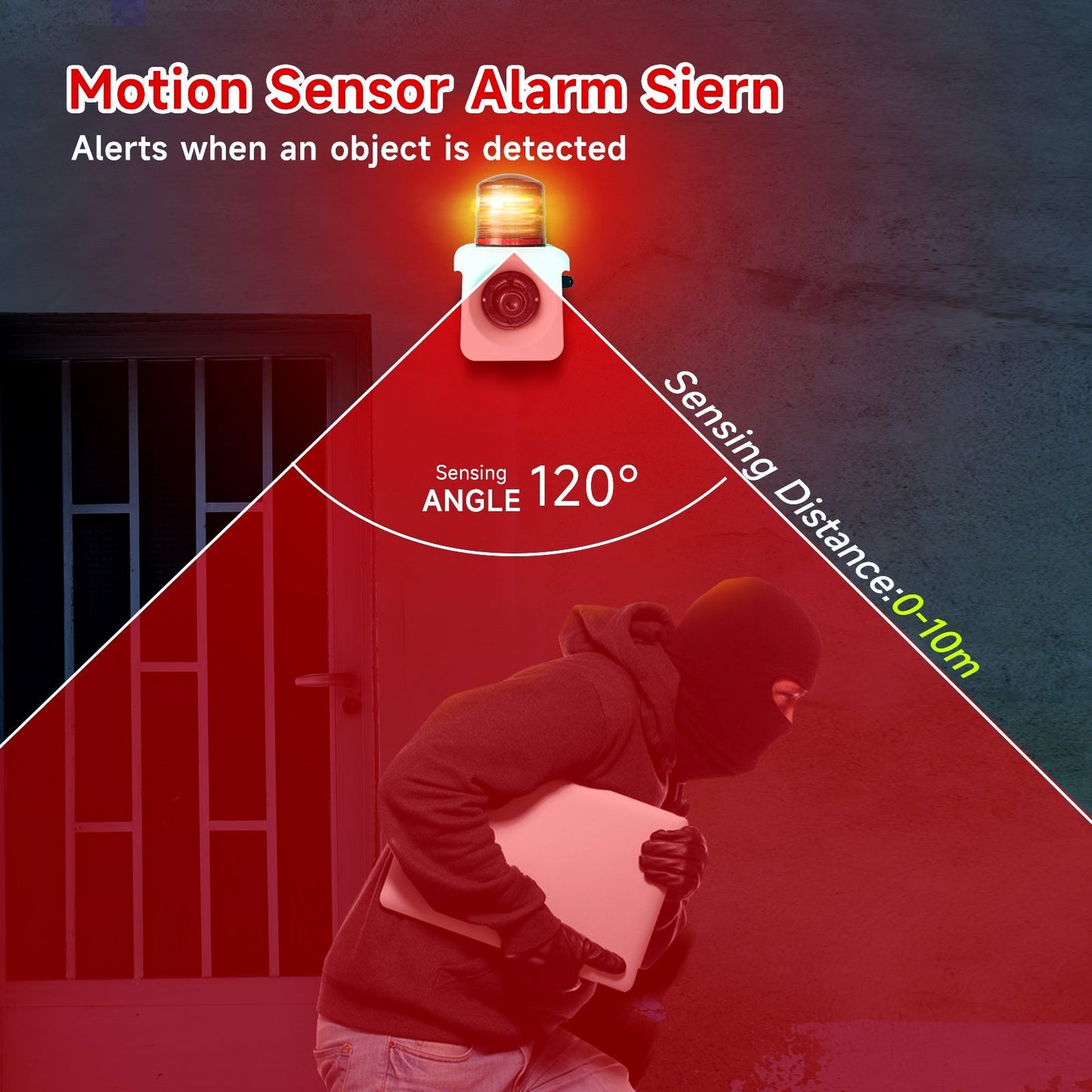 YASONG Motion Sensor Alarm Siren 120dB Loudspeaker Adjustable Sound and Tone Waterproof LED Sirens Motion Detector Tirgger Alarm Systerm for Warehouse, Parking lots and School  SLA-800W