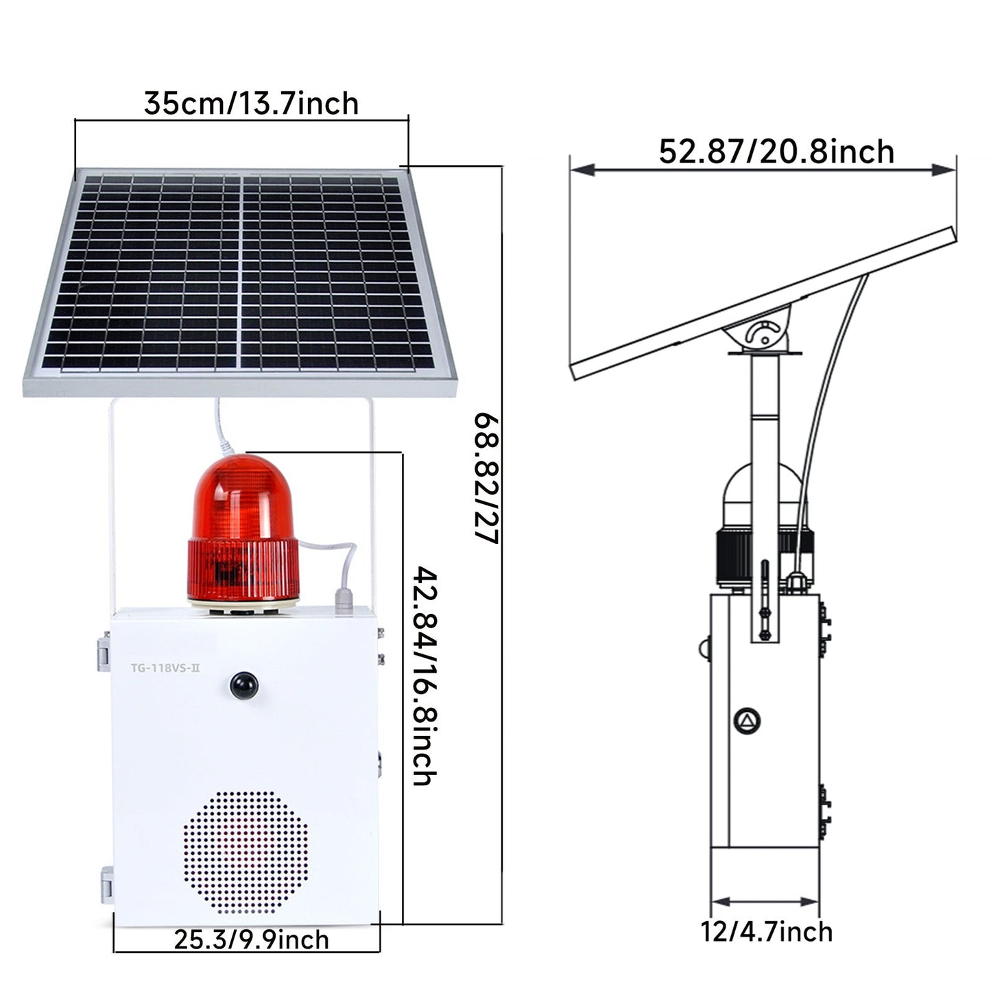 YASONG Solar Motion Sensor Alarm Siren Waterproof Outdoor Motion Detector Sirens with Strobe Light, 120dB Horn 17 Tones Adjustable Microwave Infrared Induction Alarm System SLA-118VS-II