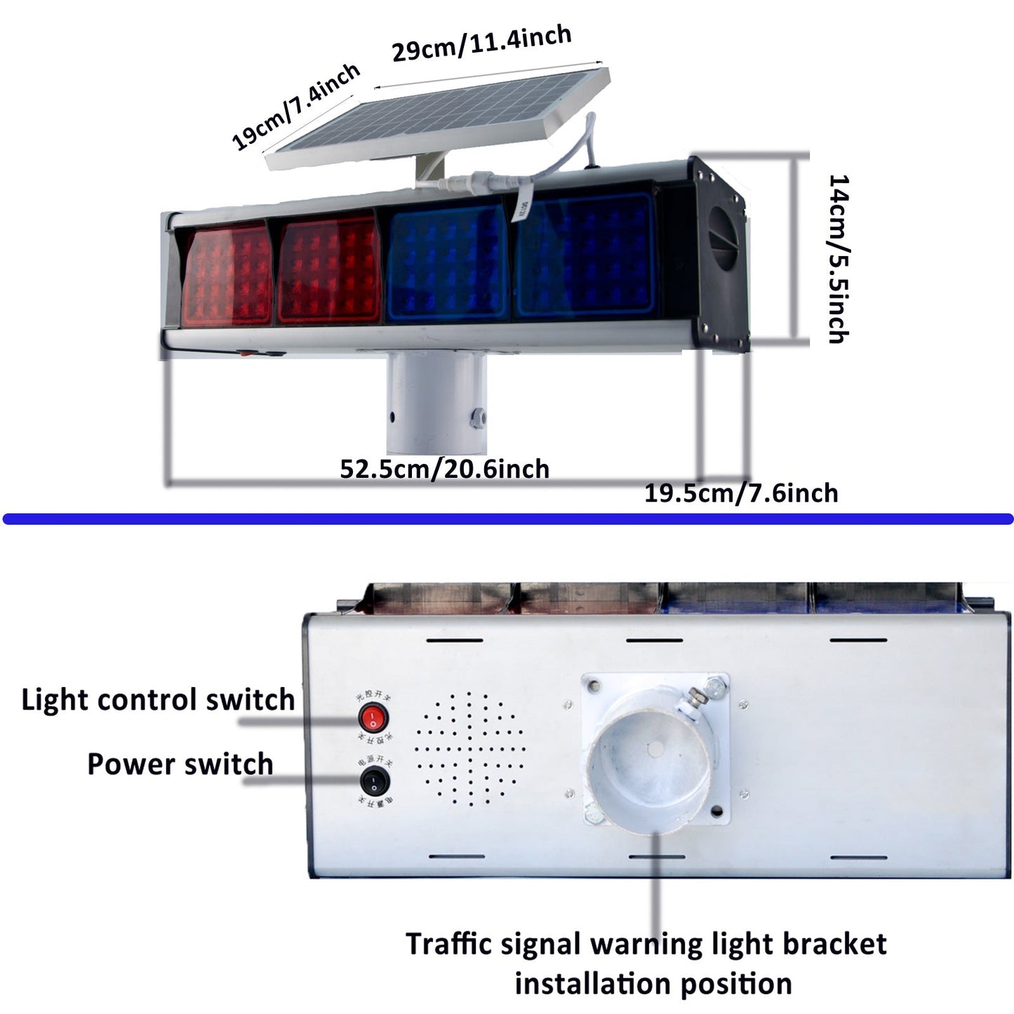 YASONG Solar Strobe Alarm Siren Light Red and Blue Double-sided Security Strobe Lights IP65 Waterproof LED Beacon Warning Flashing Lights with photoelectric Switch for Traffic, Road Construction, Farm, Yard