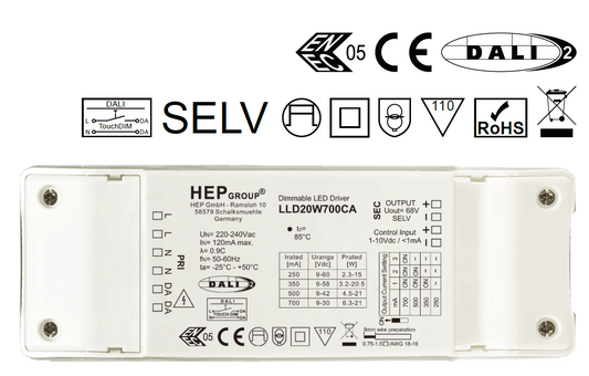 HEP LLD20W700CA CC DALI−2, TouchDIM & 1−10 V dimmable LED Driver x50Pcs