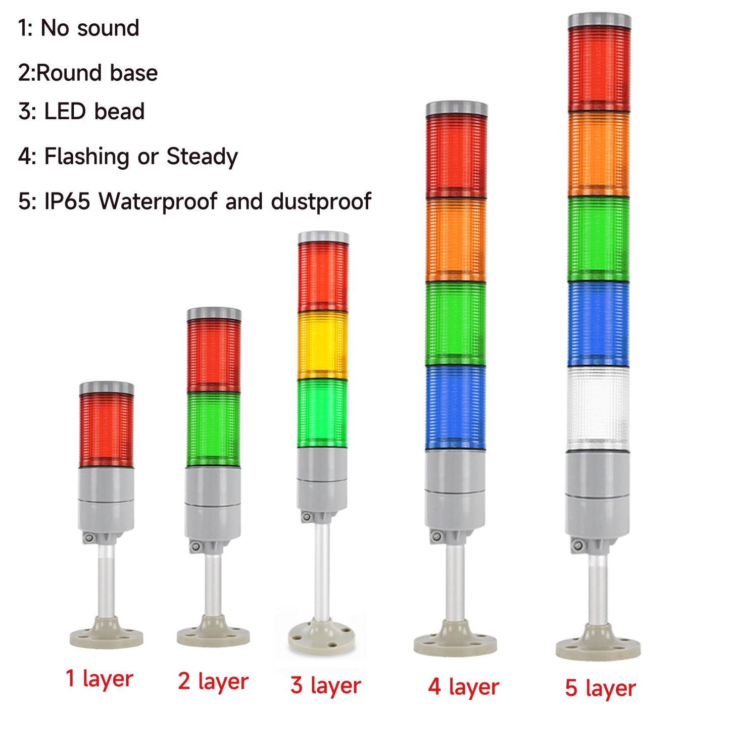 YASONG Tower Light IP65 Waterproof Multilayers Stack Warning Lights with No Sound, 4 Types of Base, Flashing Light For Machine LTA-052W