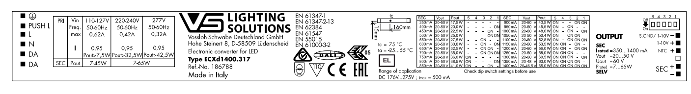 Vossloh Schwabe ECXd 1400.317 CC-PrimeLine-DIP-switch-L-LV-DALI2-1-10V Driver x50Pcs - DelightLighting